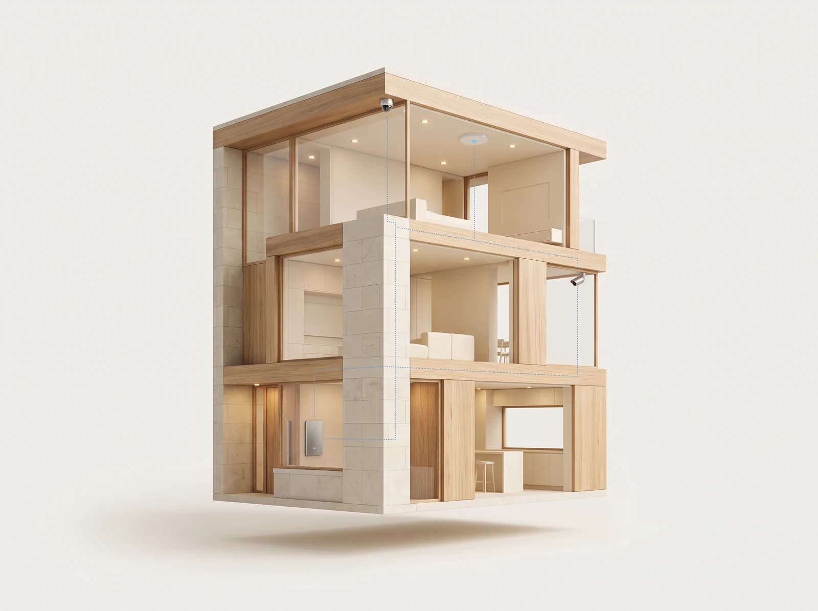 Illustrative cutaway of a connected home showing the relationship between rooms and integrated technology