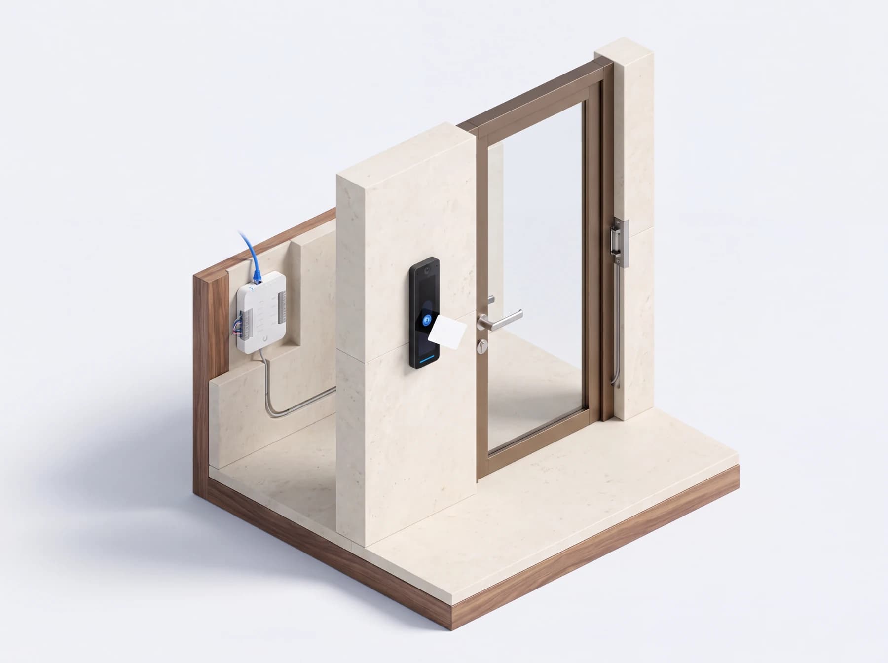 Illustrated door-access cutaway showing a credential reader, concealed controller, and electric door strike