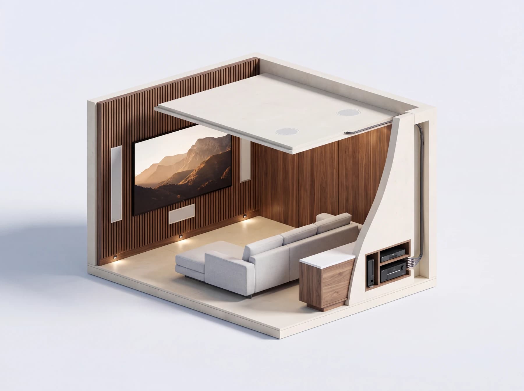 Illustrated media room cutaway showing a screen, integrated speakers, acoustic finishes, and concealed AV wiring