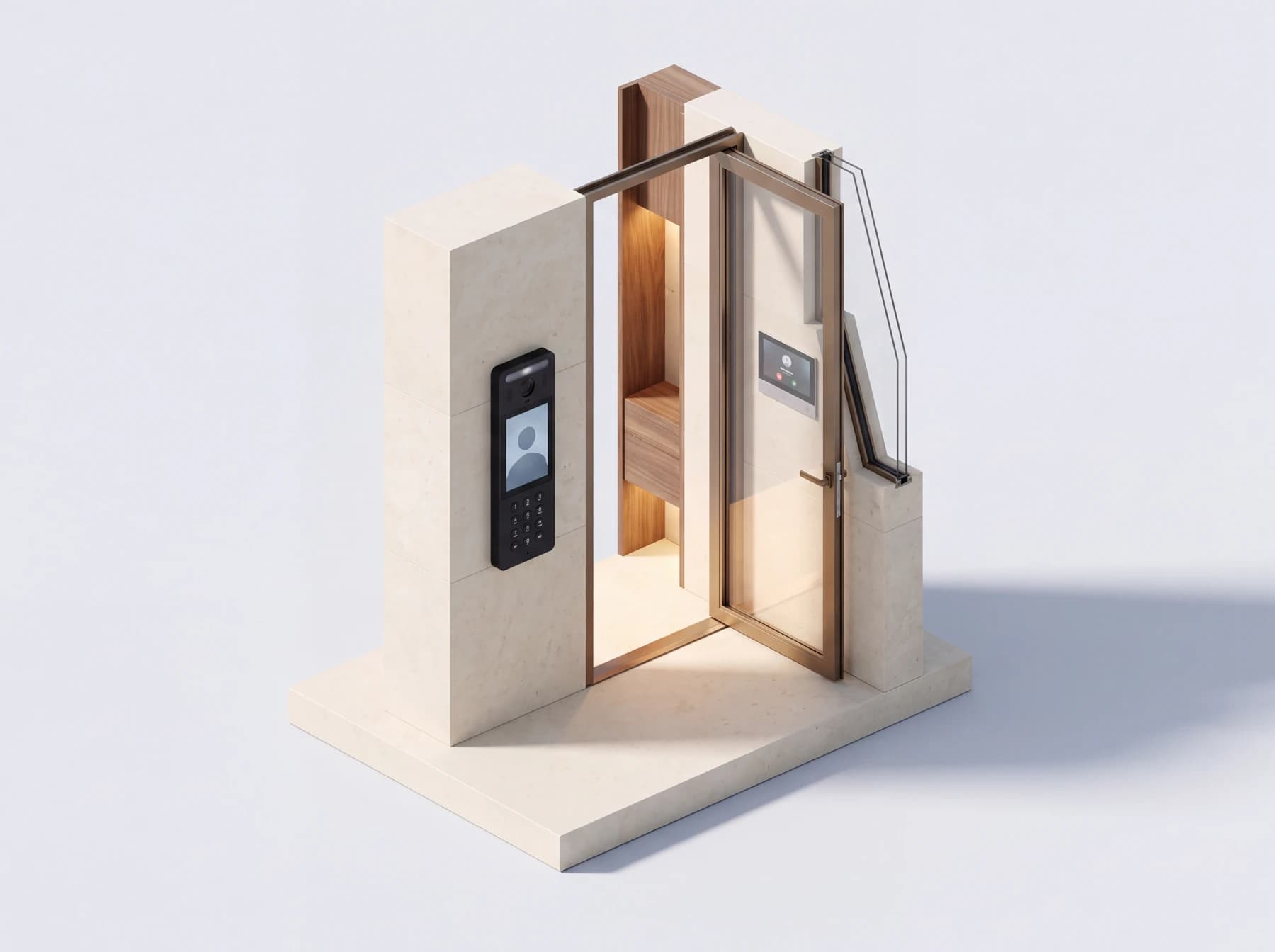Illustrated building entrance with a UniFi-style intercom outside and a receiving screen inside