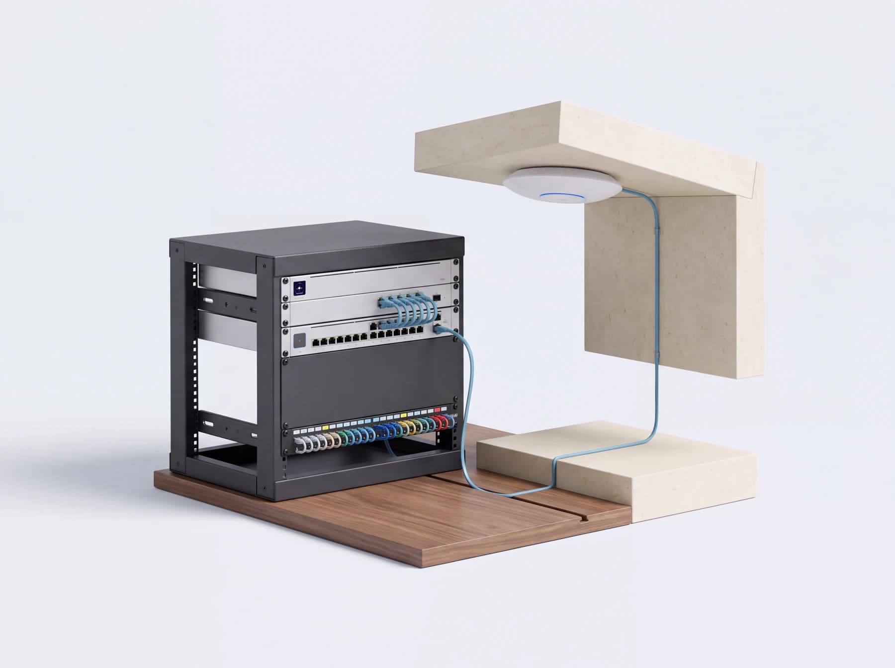Illustrated UniFi network with a gateway, PoE switch, neat cabling, and a ceiling-mounted wireless access point