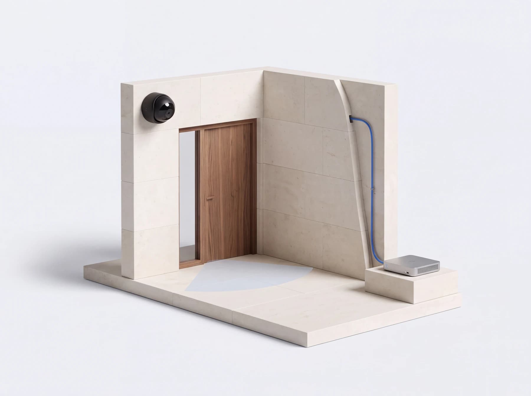 Illustrated camera installation showing an entrance, coverage area, concealed Ethernet cabling, and local recorder