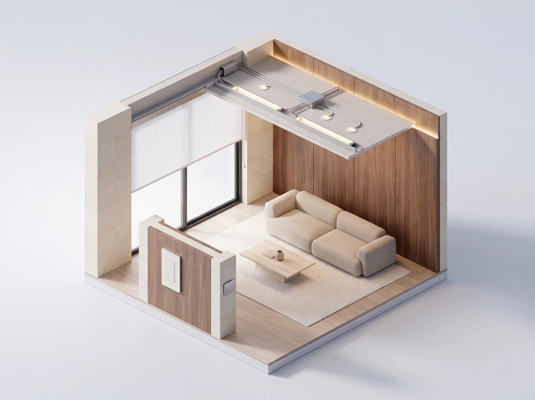 Illustrated connected living room showing scene controls, motorized window shades, and integrated lighting
