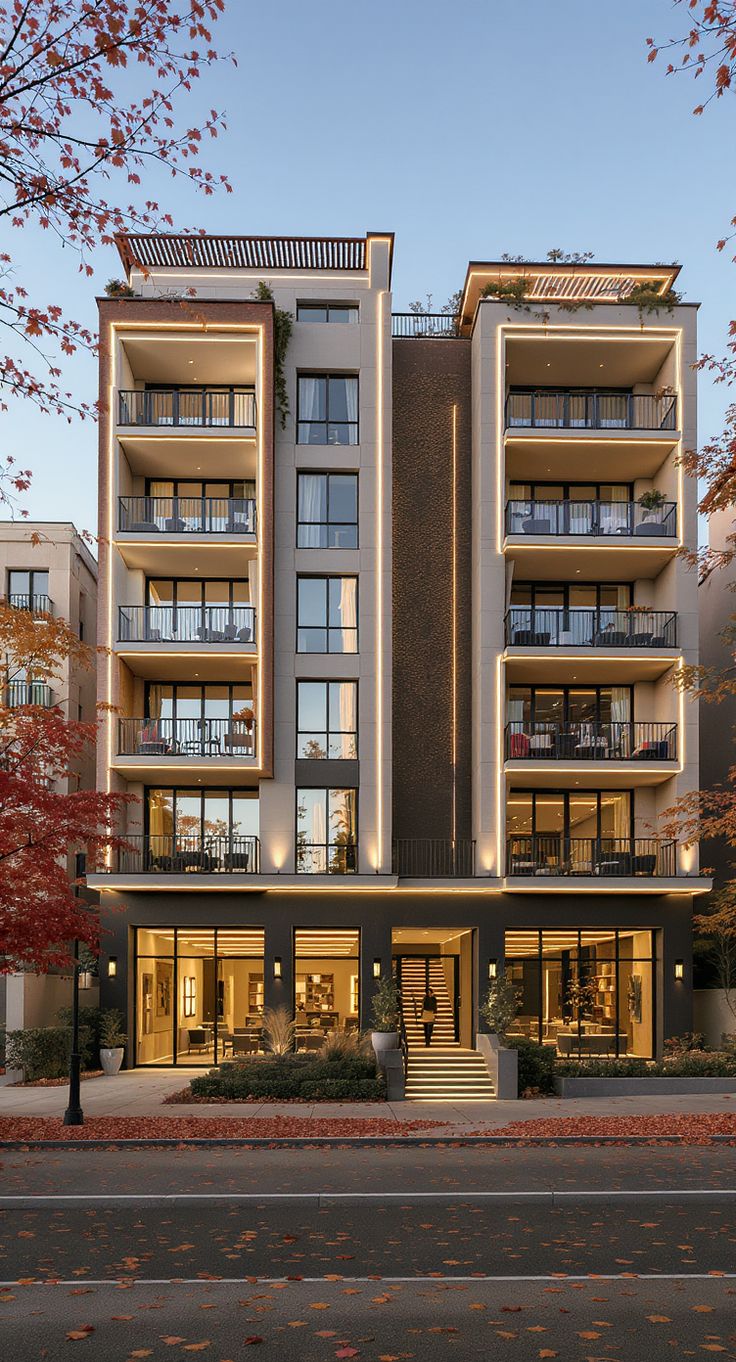 Modern luxury building with illuminated facade
